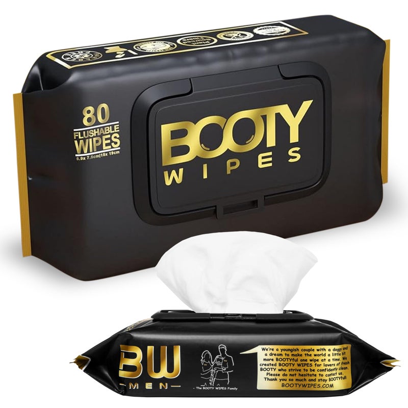 BOOTY WIPES 4 Pack Flushable Wipes for Adults by BOOTY WIPES - 80 Sheets per Pack - pH Balanced with Aloe and Vitamin E - Gentle Cleansing Disposable Wet Wipes for Sensitive Skin - Travel-Friendly - Image 1